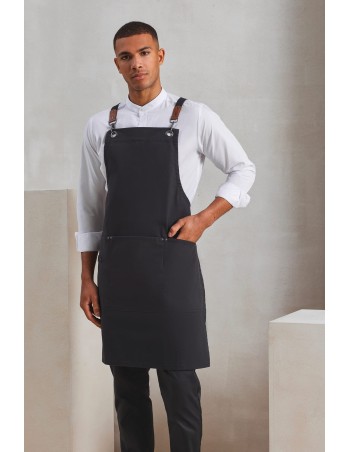 Bib apron with crossed CLIP \\\'N\\\' CLASP back straps