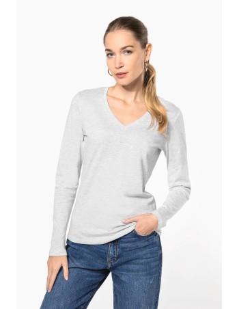 Ladies\\\' long-sleeved V-neck T-shirt
