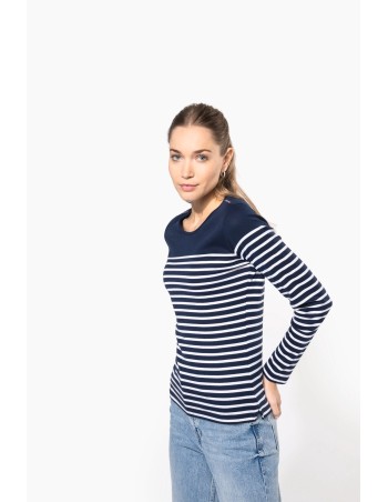 Ladies\\\' long-sleeved Breton stripe top