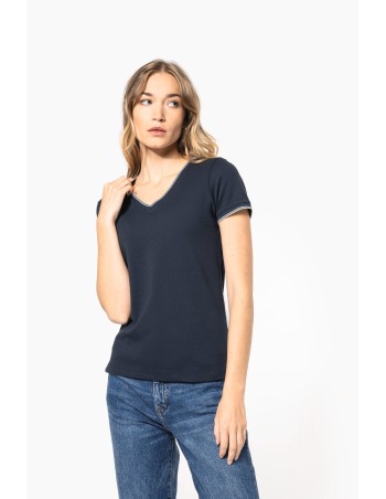 Camiseta de punto piqué con cuello de pico mujer