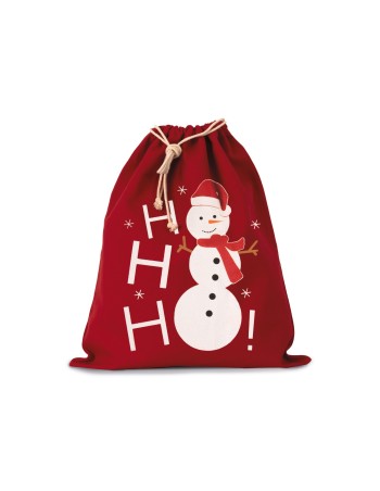 Cotton bag with snowman design and drawcord closure