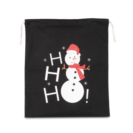 Cotton bag with snowman design and drawcord closure