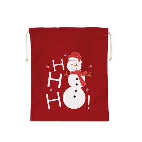 Cotton bag with snowman design and drawcord closure
