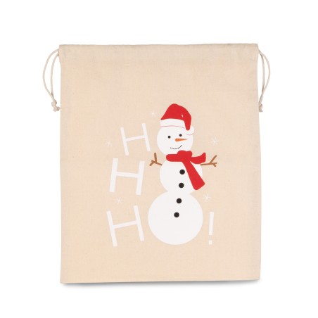 Cotton bag with snowman design and drawcord closure