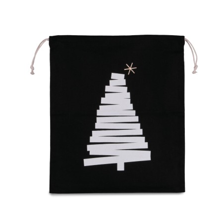 Cotton bag with Christmas tree design and drawcord closure.