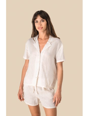 Ladie\\\'s Linen Bowling Collar Short-Sleeved Shirt