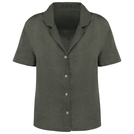 Camisa manga corta de lino y cuello bowling mujer