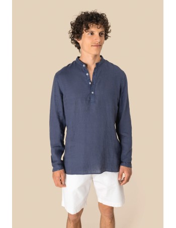 Men\\\'s linen washed effect  mao collar shirt