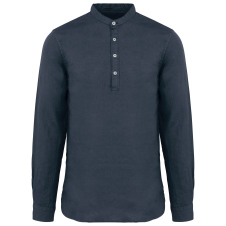 Men\\\'s linen washed effect  mao collar shirt