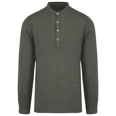 Men\\\'s linen washed effect  mao collar shirt