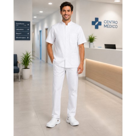 PIJAMA BLANCO SANITARIO UNISEX DE CUELLO MAO