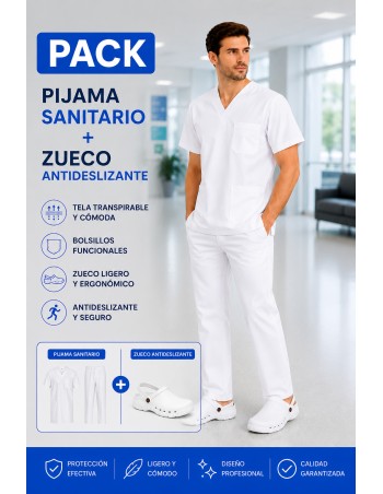PIJAMA BLANCO SANITARIO UNISEX + ZUECO BLANCO SANITARIO