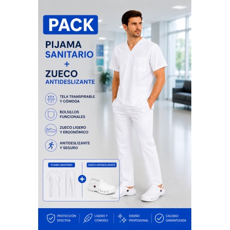 PIJAMA BLANCO SANITARIO UNISEX + ZUECO BLANCO SANITARIO
