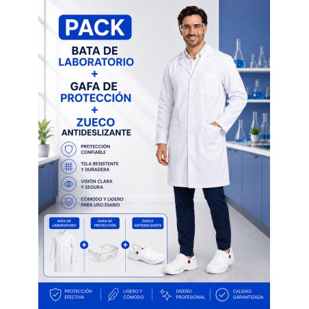 BATA LABORATORIO BLANCA + GAFAS PROTECCIÓN + ZUECO BLANCO SANITARIO