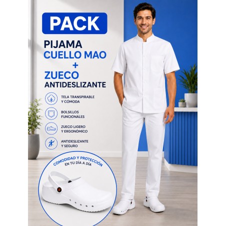 PIJAMA BLANCO SANITARIO CUELLO MAO + ZUECO BLANCO SANITARIO