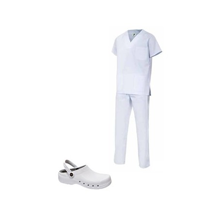 PIJAMA BLANCO SANITARIO UNISEX + ZUECO BLANCO SANITARIO 