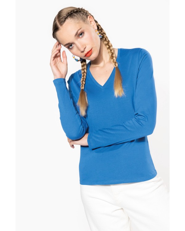 Camiseta de manga larga y cuello de pico mujer