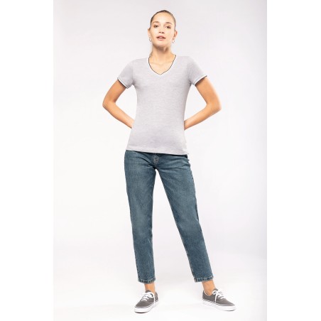 Camiseta de punto piqué con cuello de pico mujer