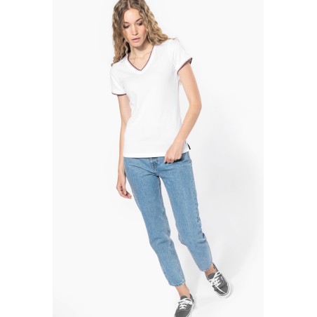 Camiseta de punto piqué con cuello de pico mujer