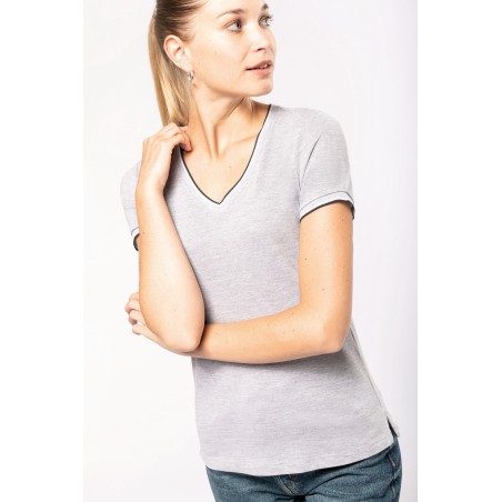 Camiseta de punto piqué con cuello de pico mujer