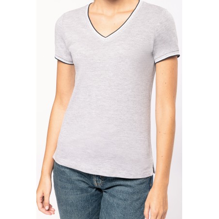 Camiseta de punto piqué con cuello de pico mujer