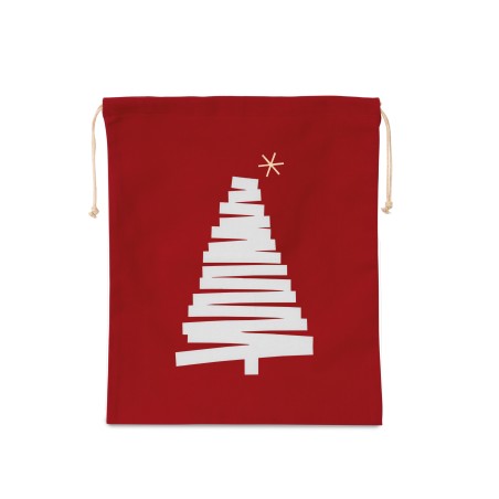 Cotton bag with Christmas tree design and drawcord closure.