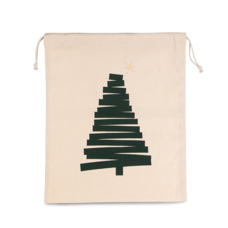 Cotton bag with Christmas tree design and drawcord closure.